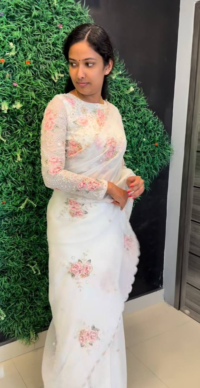 White Designer Soft Tebi Silk Digital Printed Saree and Border Blouse