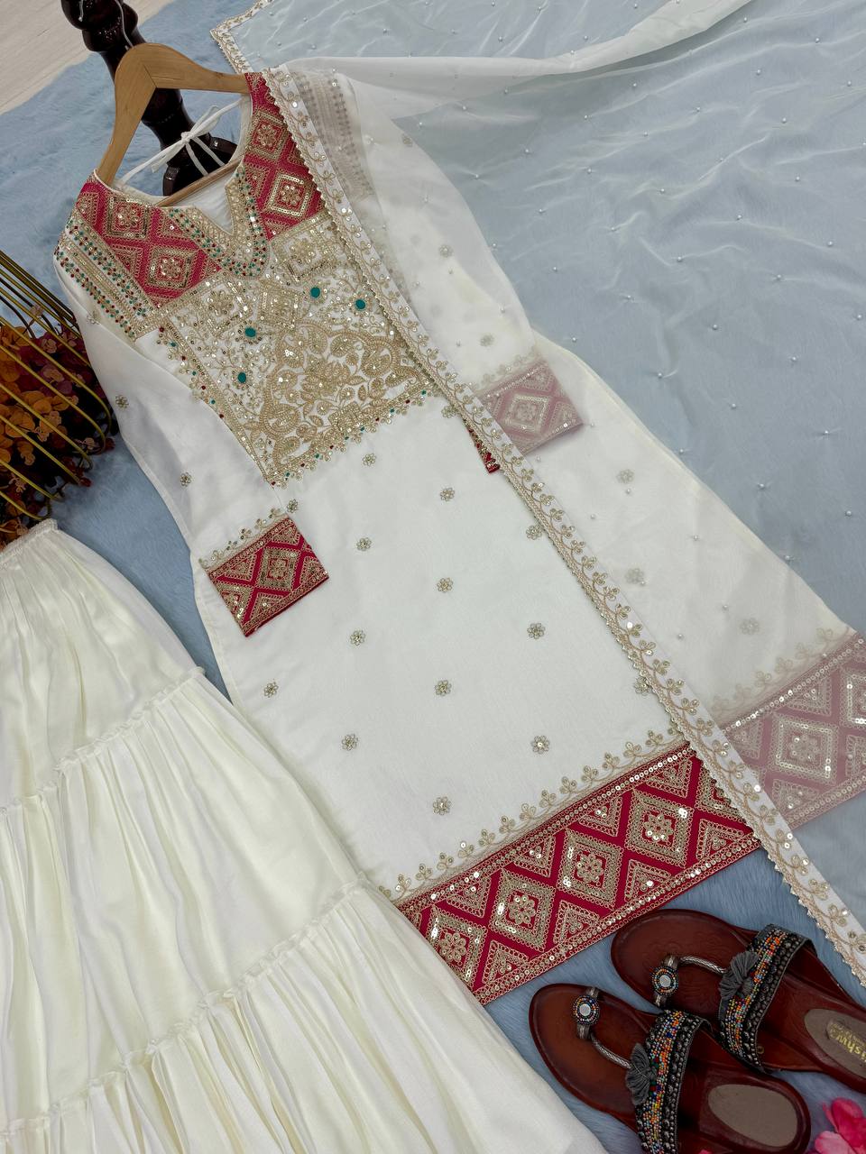White Designer Vichitra Silk Plazzo Top and Dupatta For Party Wear