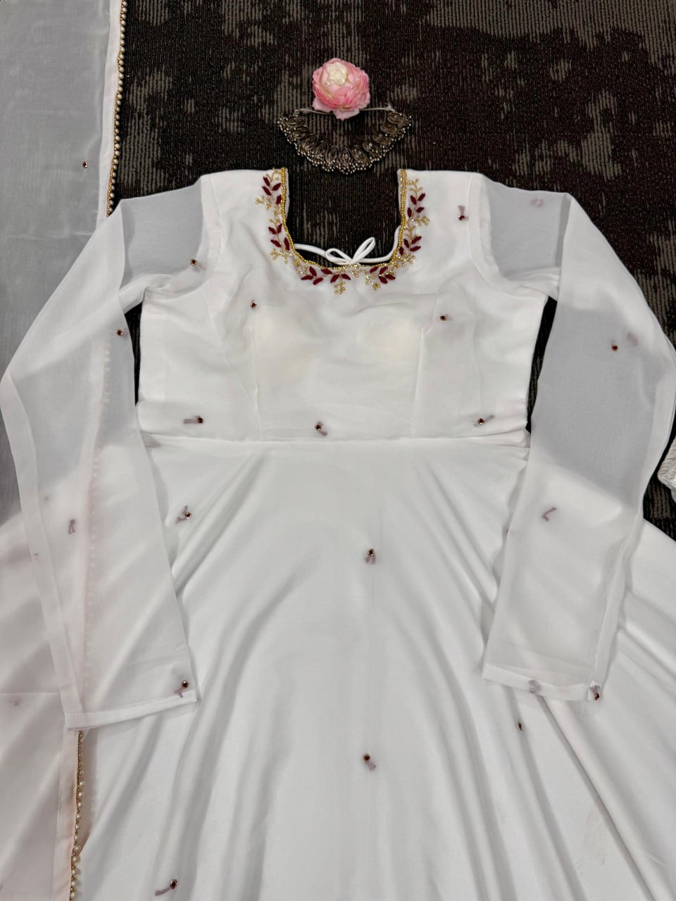 White Faux Georgette Handwork Anarkali Suit with Fancy Lace Dupatta