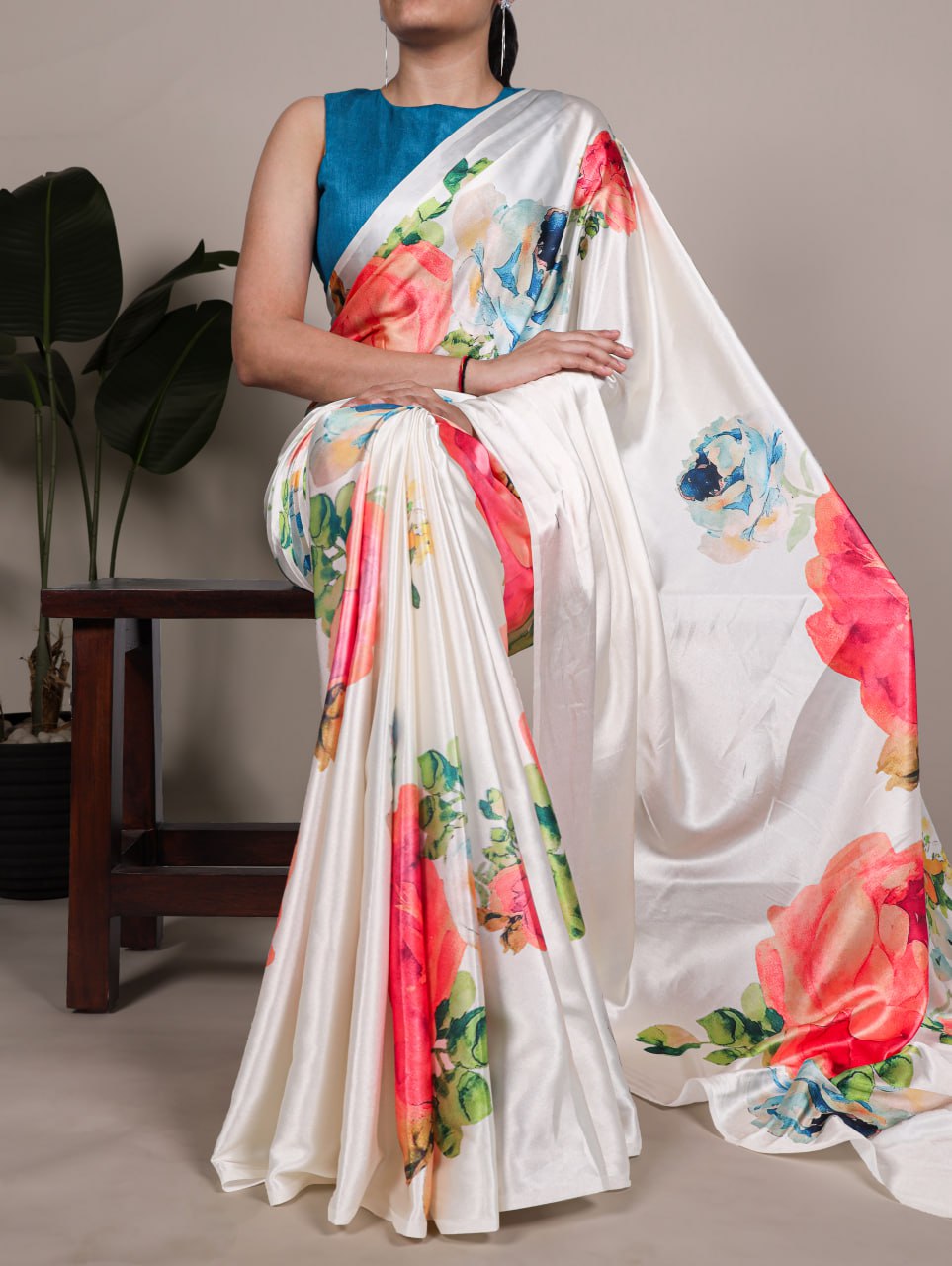 White Floral Satin Silk Printed Saree with Plain Banglory Blouse