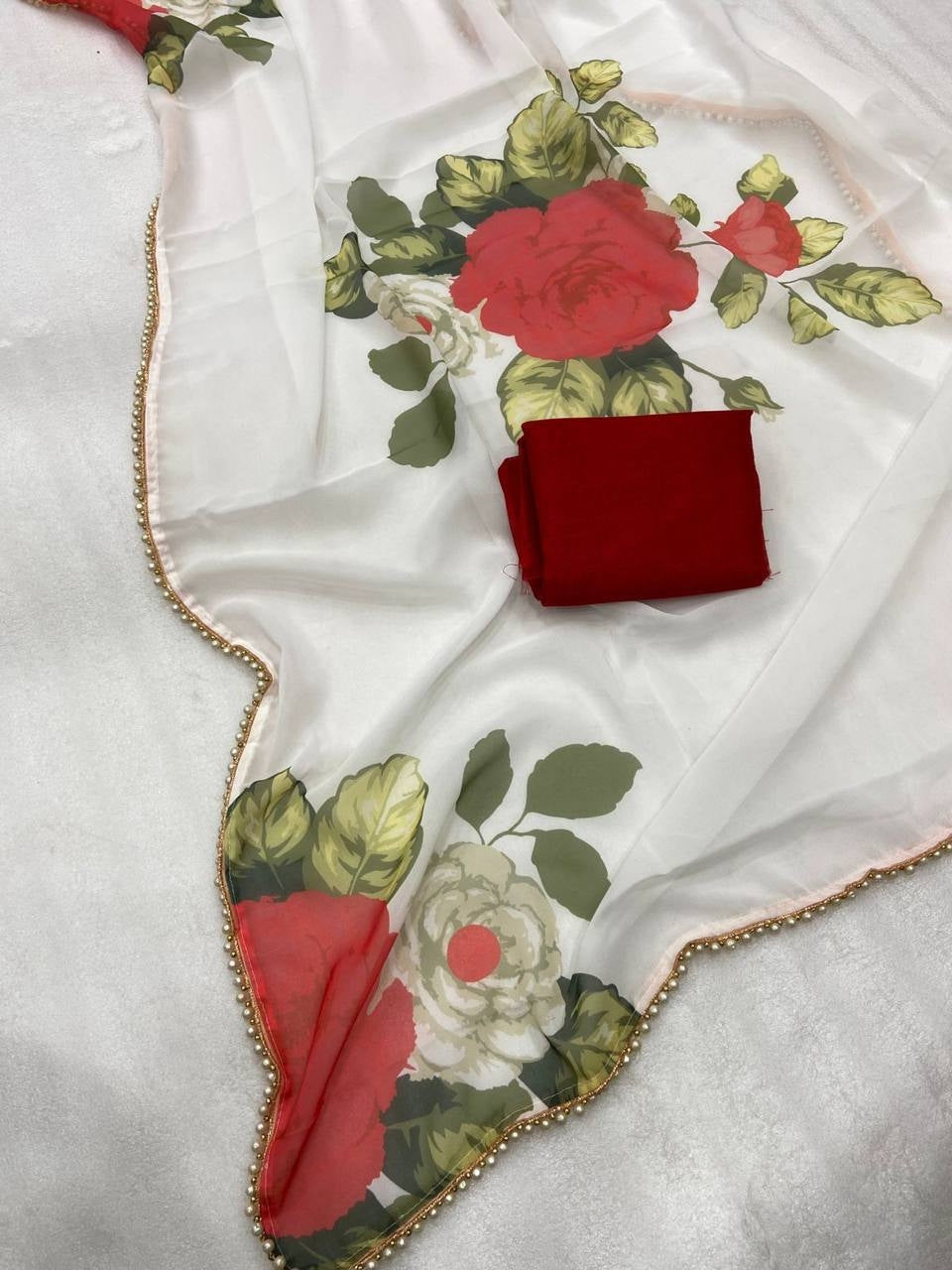 White Georgette Digital Print Saree with Moti Lace Border & Blouse