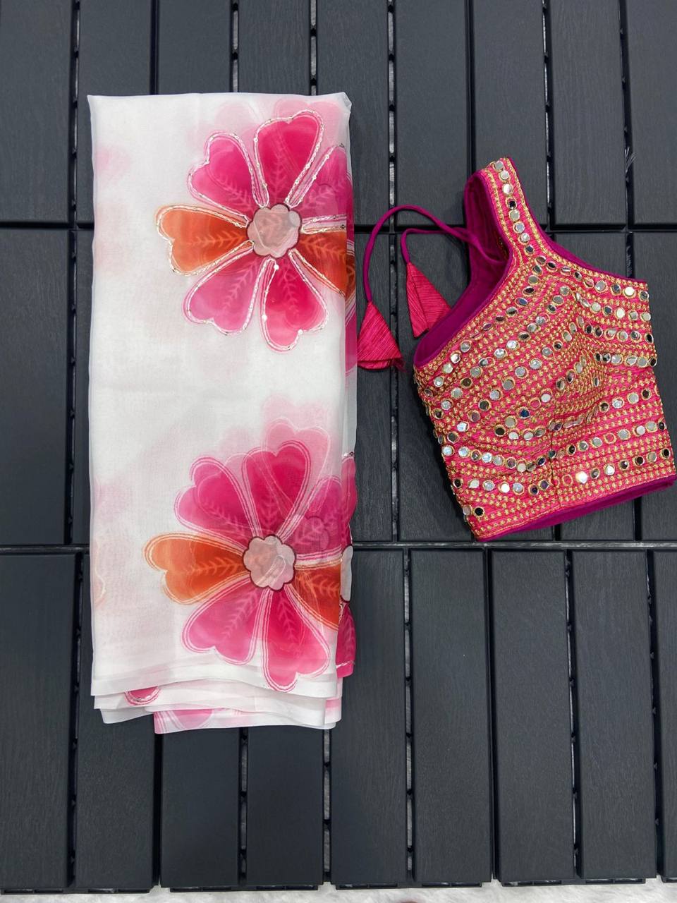 White Georgette Digital Printed Saree with Sequins Mirror Work Blouse