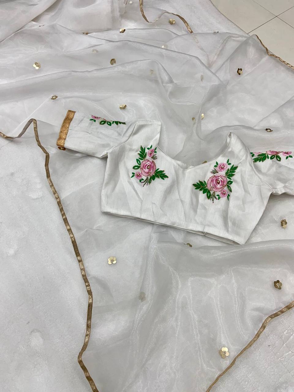 White Pure Organza Saree with Designer Printed Handwork Blouse