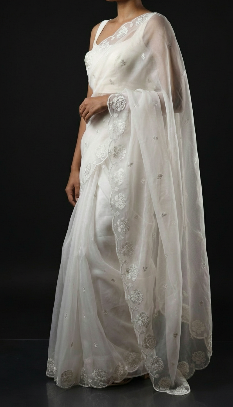 White Pure Organza Saree with Sequins Embroidery Border Work Blouse