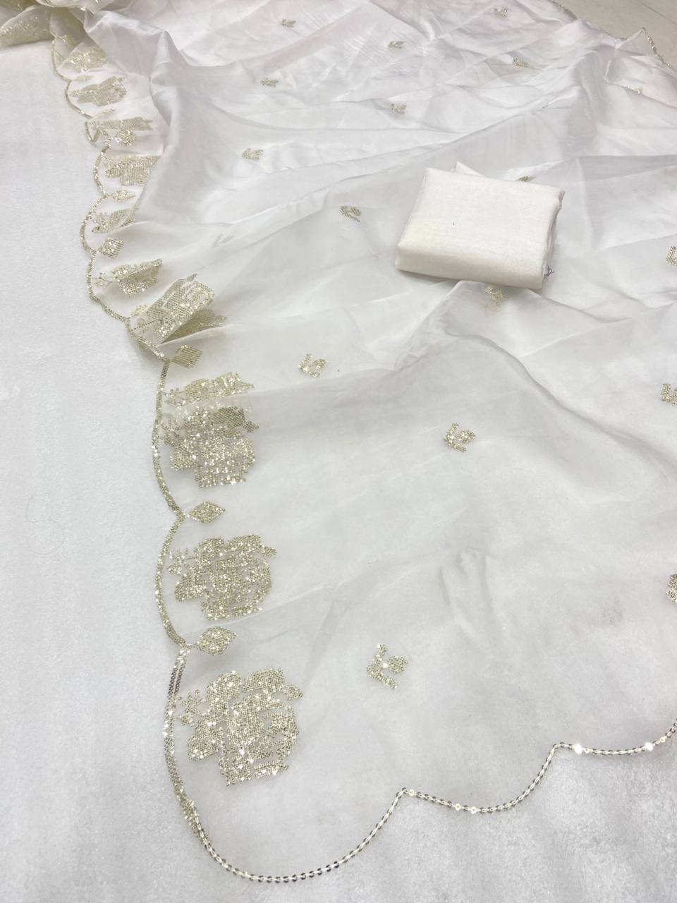 White Pure Organza Saree with Sequins Embroidery Border Work Blouse