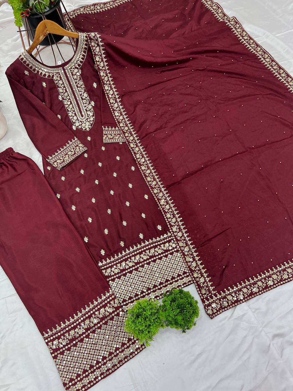 Wine Chinnon Silk Embroidered Top Pant and Dupatta For Party Wear