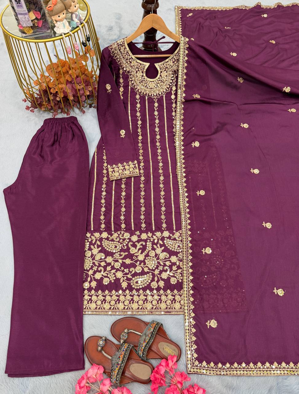 Wine Designer Pure Chinon Silk Embroidery Top Bottom and Dupatta