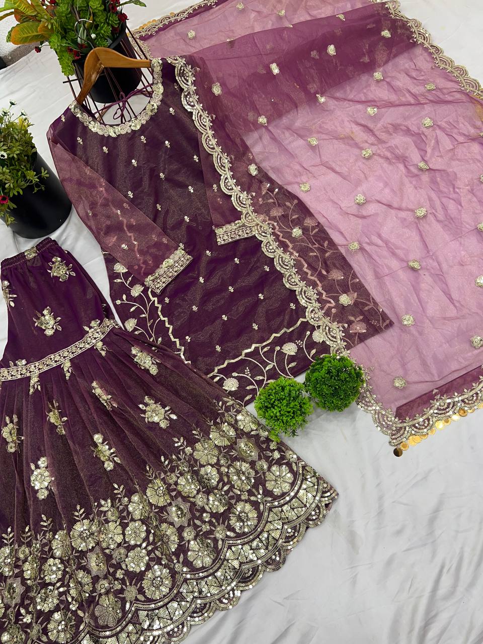 Wine Designer Twill Net Embroidered Palazzo Top and Dupatta Set