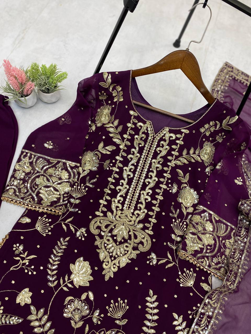 Wine Georgette Kurta Plazzo Suit with Sequence Embroidery Work Dupatta