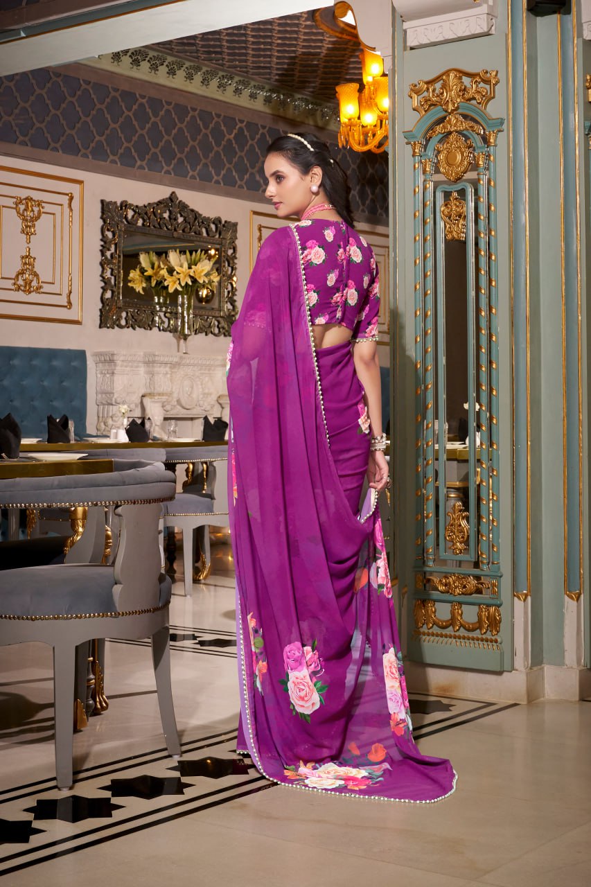 Wine Purple Georgette Floral Print Saree with Pearl Lace Border
