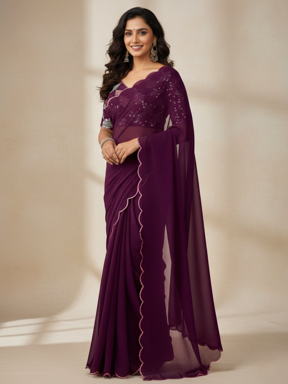 Wine Smooth Georgette Saree with Aari Border & Embroidery Blouse