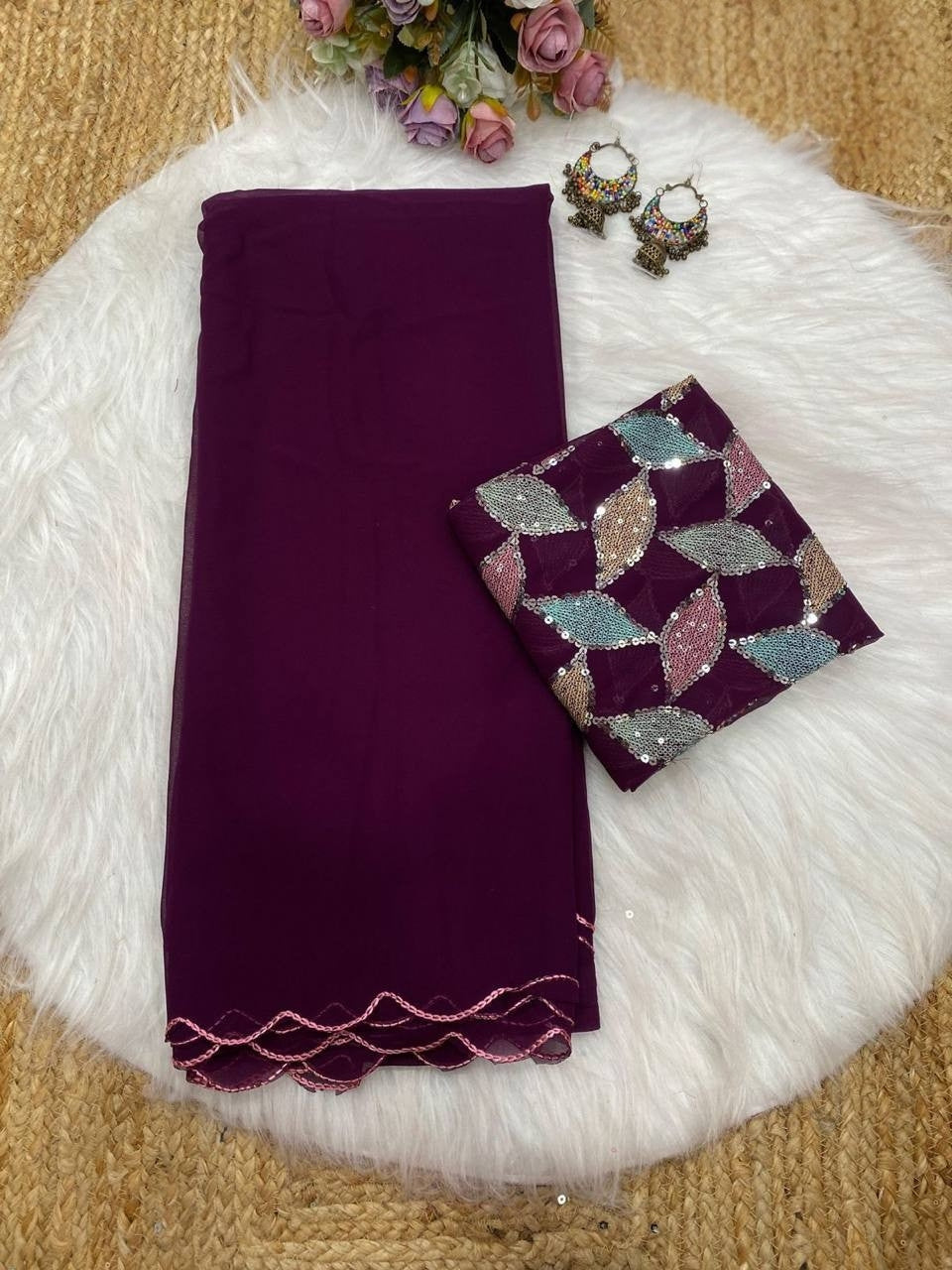 Wine Smooth Georgette Saree with Aari Border & Embroidery Blouse