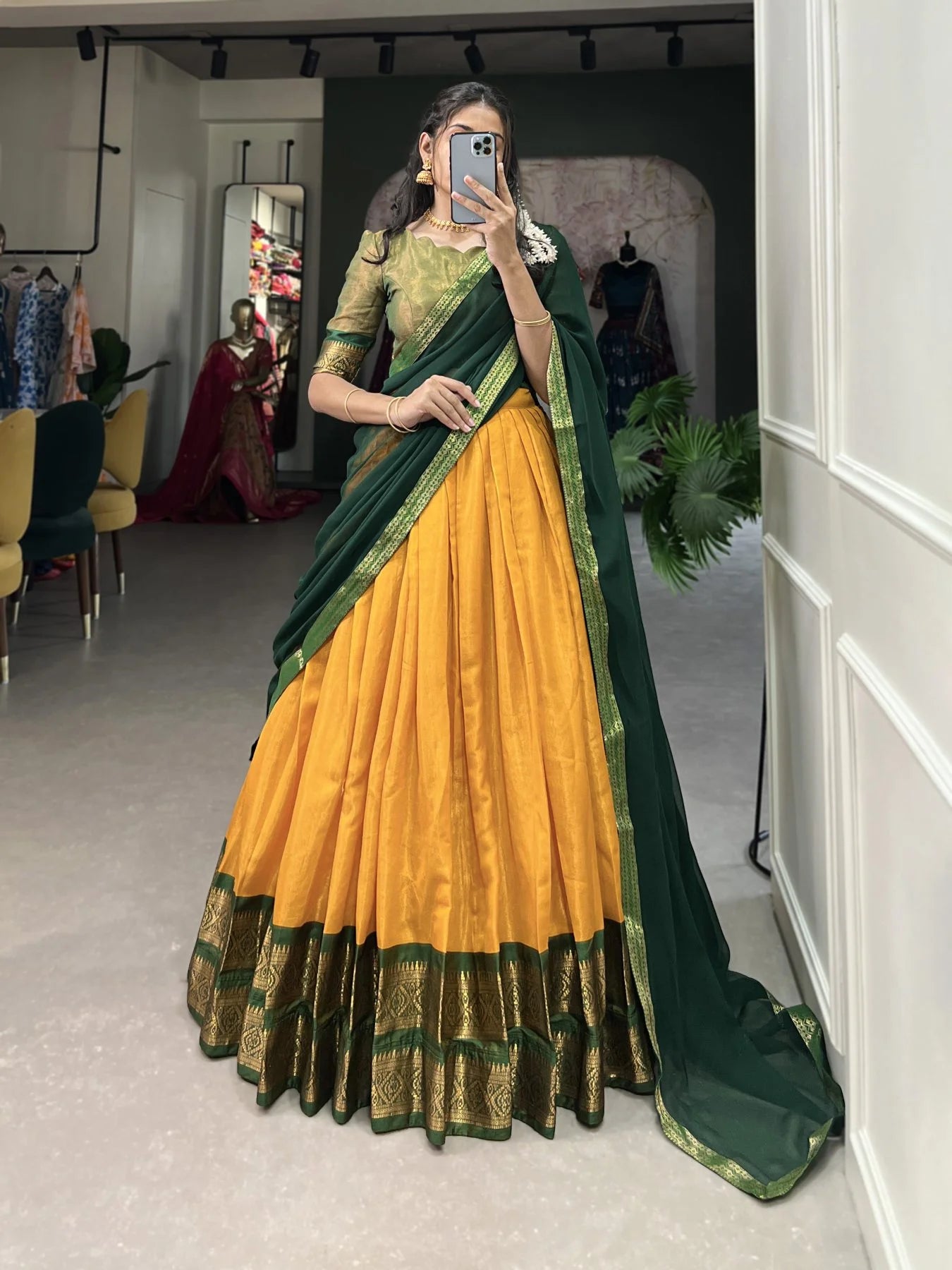 Kanchipuram Lehenga Choli with Ethnic Dupatta for Women Wedding Festival