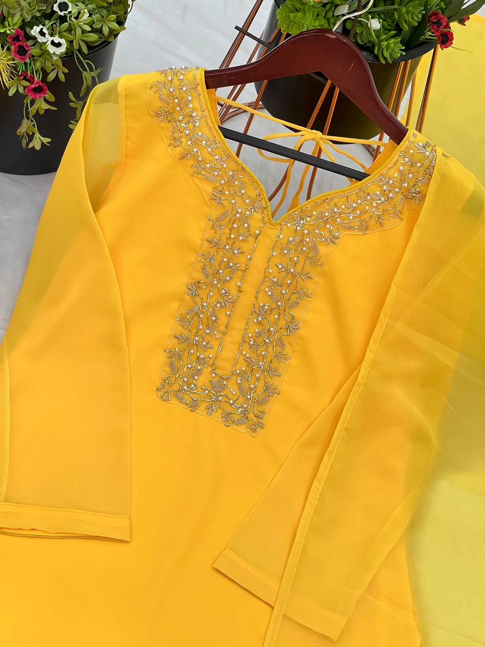 Yellow Designer Faux Georgette Embroidery Sharara Suit and Dupatta