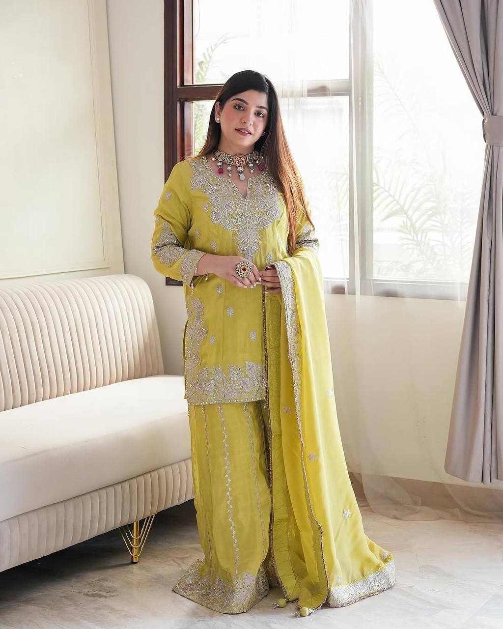 Yellow Designer Heavy Chinon Silk Top Gharara and Dupatta For Party Wear