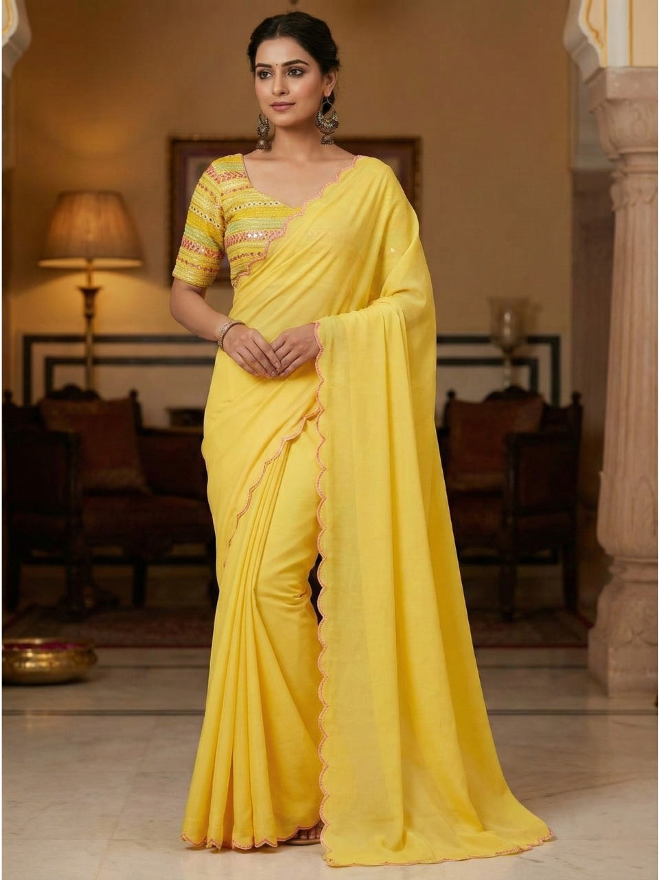 Yellow Georgette Aari Embroidery Border Saree with Work Blouse