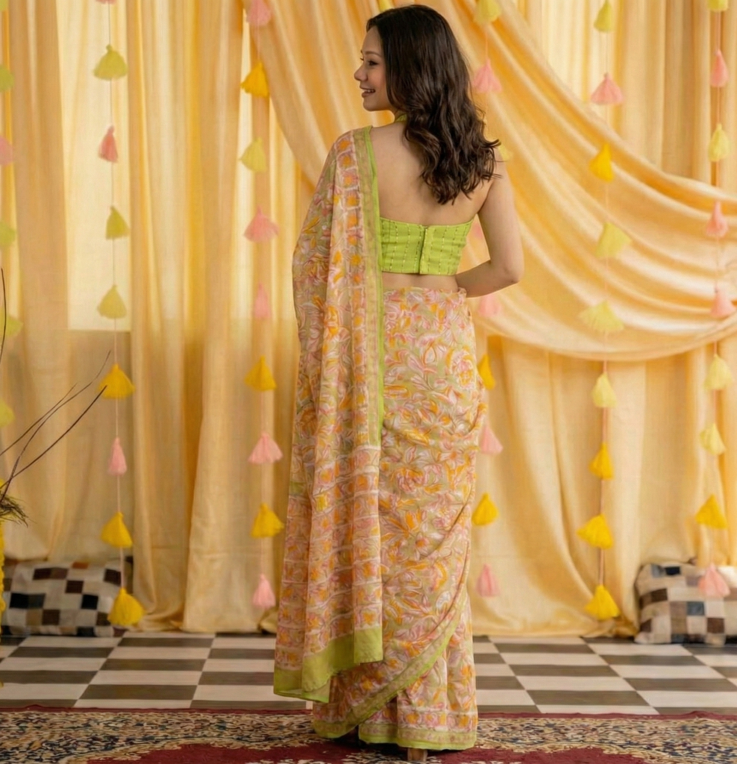 Yellow Mulmul Cotton Digital Print Saree with lime green Mulmul Blouse