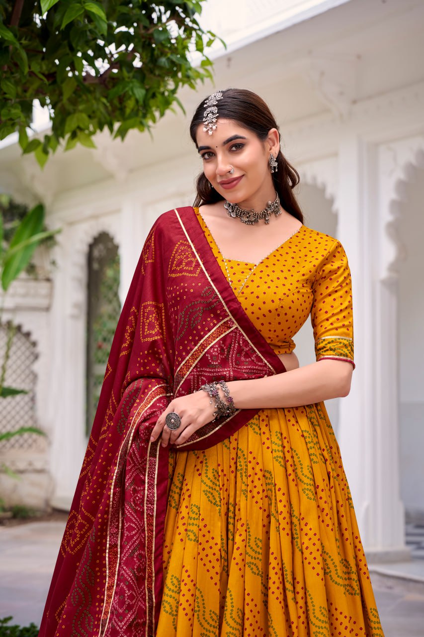 Yellow Tussar Silk Bandhani Print Lehenga Choli with Dupatta for Navratri - 3