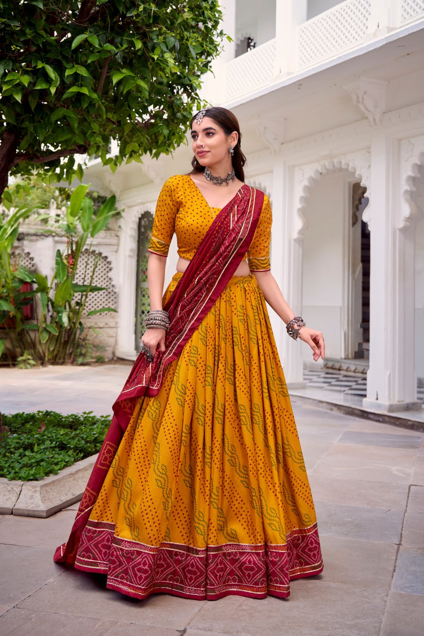 Yellow Tussar Silk Bandhani Print Lehenga Choli with Dupatta for Navratri - 5