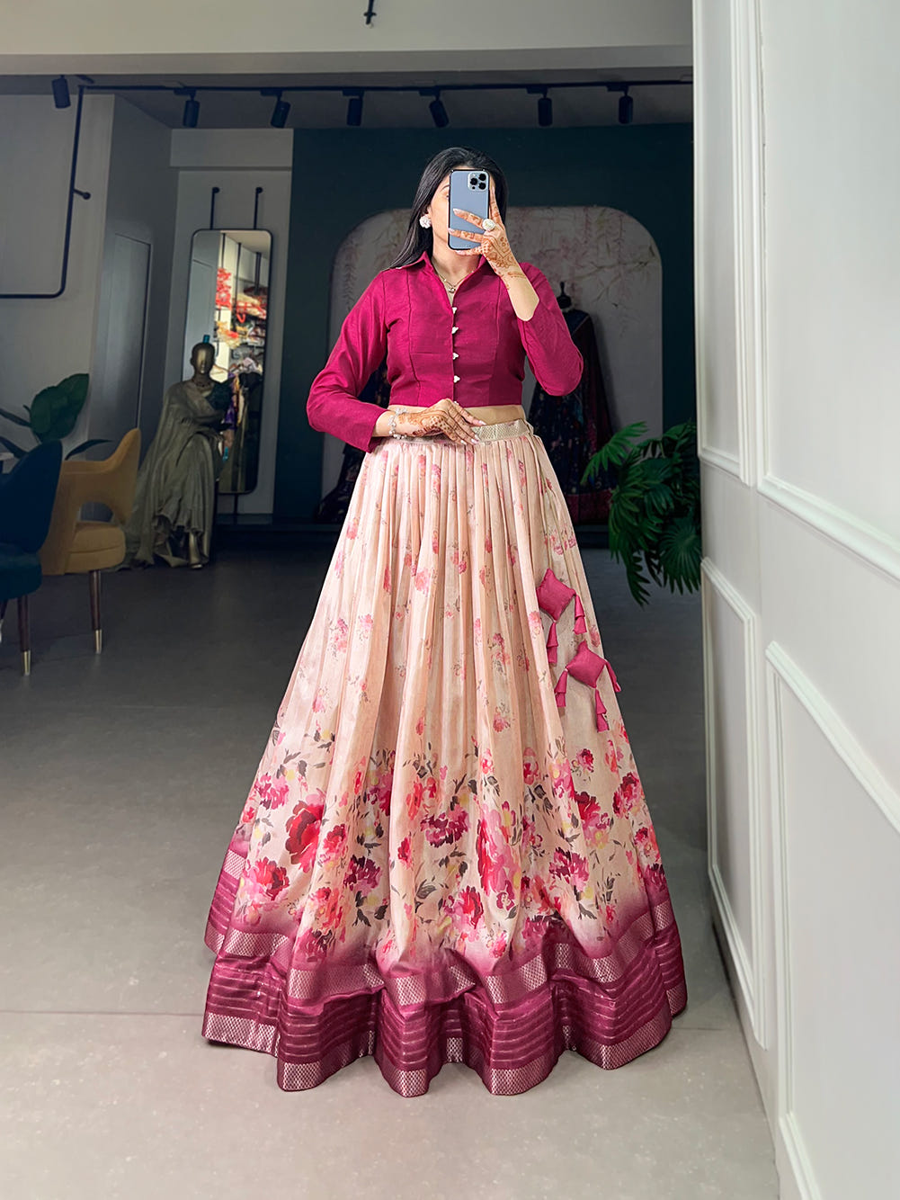Dola Silk Lehenga, Floral Print Lehenga, Zari Border Lehenga, Banglory Blouse, Ready to Wear Lehenga, Stitched Floral Lehenga, Lightweight Silk Lehenga, South Indian Fashion, Hyderabad Lehenga, Trendy Lehenga Choli, 3.5 Meter Flair Lehenga, Floral Coord Set, Indian Wedding Wear, Festive Lehenga Set