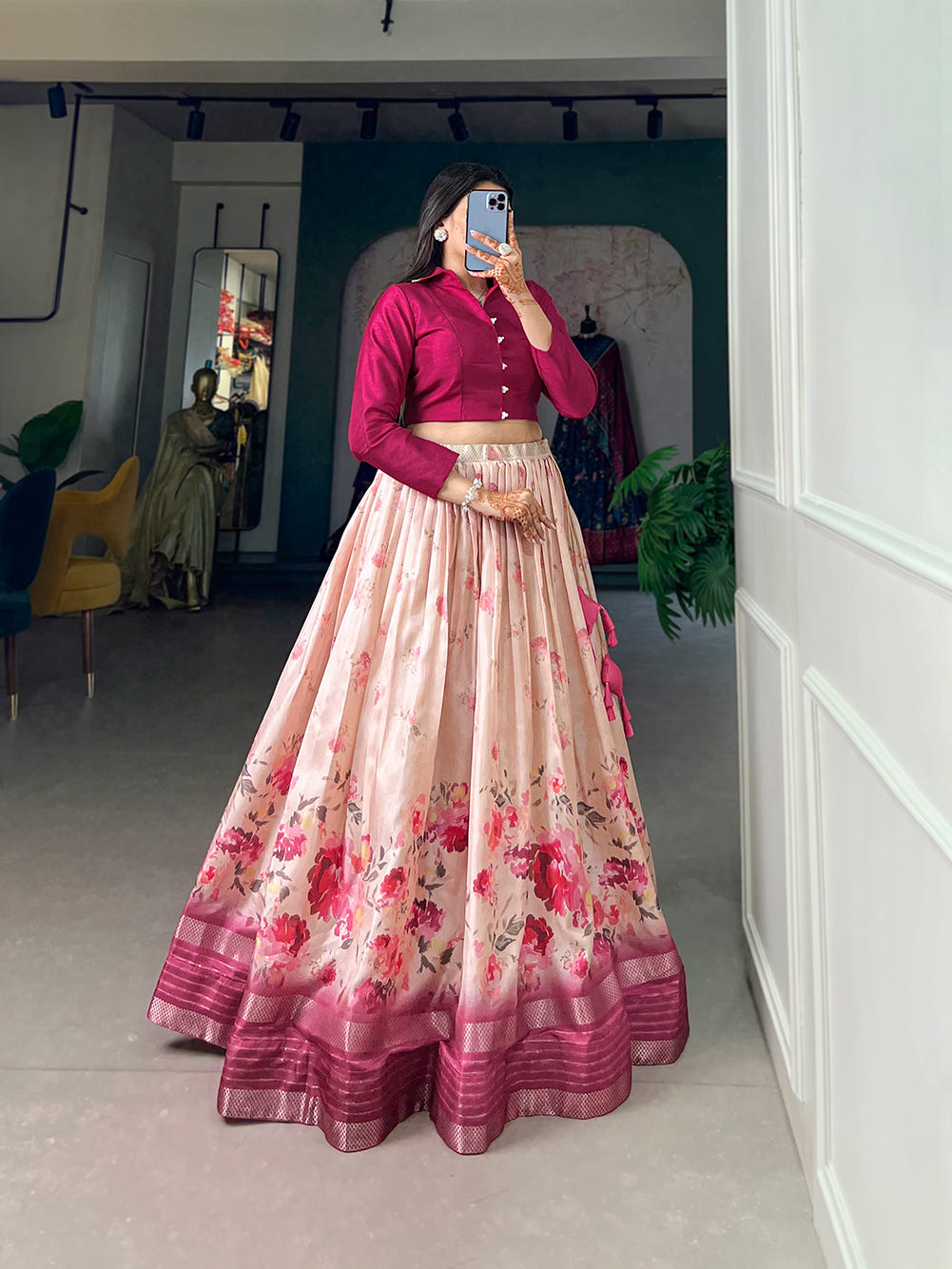 Dola Silk Lehenga, Floral Print Lehenga, Zari Border Lehenga, Banglory Blouse, Ready to Wear Lehenga, Stitched Floral Lehenga, Lightweight Silk Lehenga, South Indian Fashion, Hyderabad Lehenga, Trendy Lehenga Choli, 3.5 Meter Flair Lehenga, Floral Coord Set, Indian Wedding Wear, Festive Lehenga Set