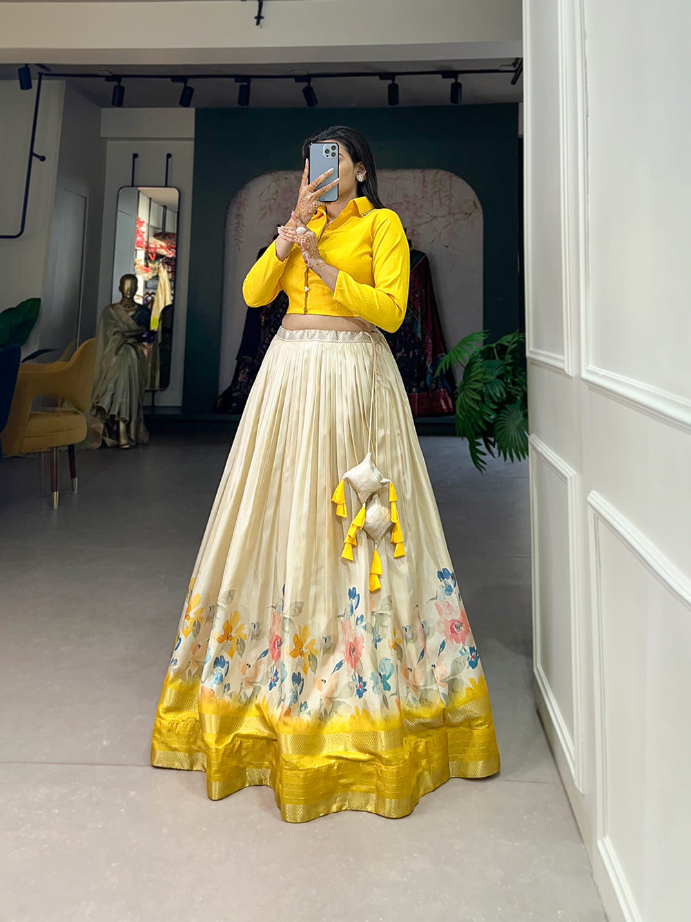Dola Silk Lehenga, Floral Print Lehenga, Zari Border Lehenga, Banglory Blouse, Ready to Wear Lehenga, Stitched Floral Lehenga, Lightweight Silk Lehenga, South Indian Fashion, Hyderabad Lehenga, Trendy Lehenga Choli, 3.5 Meter Flair Lehenga, Floral Coord Set, Indian Wedding Wear, Festive Lehenga Set