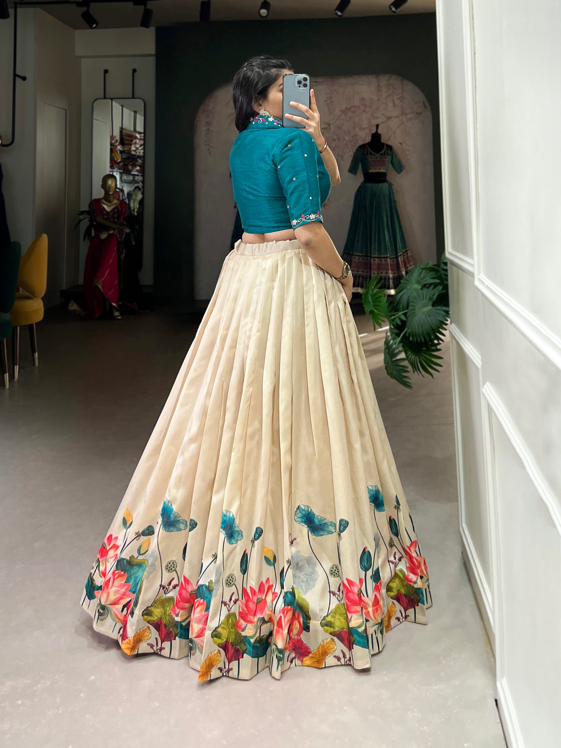 Tussar Silk Co-ord Set, Floral Lehenga Choli, Mirror Work Blouse, Stitched Lehenga Set, Co-ord Lehenga for Wedding, South Indian Fashion, Ready to Wear Lehenga, Banglory Blouse Set, Floral Print Lehenga, 3.4 Meter Flair Lehenga, Canvas Lined Lehenga, Trending Lehenga Collection, Ethnic Coord Set