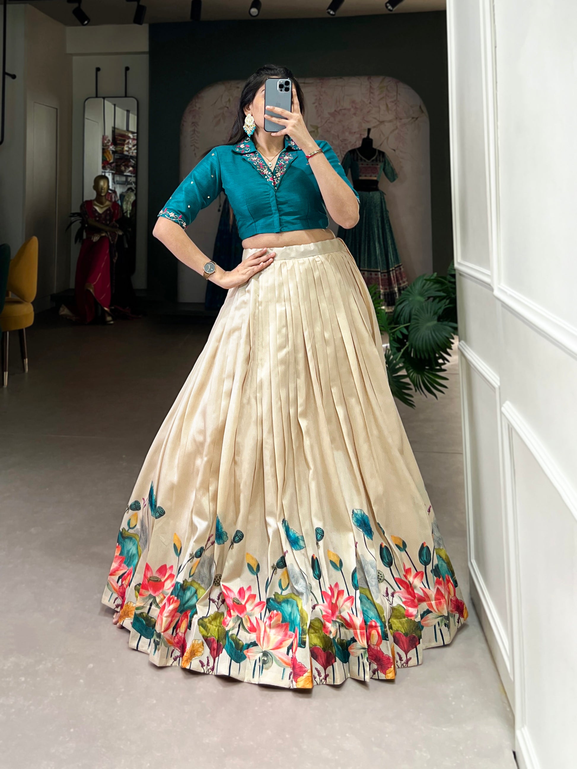 Tussar Silk Co-ord Set, Floral Lehenga Choli, Mirror Work Blouse, Stitched Lehenga Set, Co-ord Lehenga for Wedding, South Indian Fashion, Ready to Wear Lehenga, Banglory Blouse Set, Floral Print Lehenga, 3.4 Meter Flair Lehenga, Canvas Lined Lehenga, Trending Lehenga Collection, Ethnic Coord Set