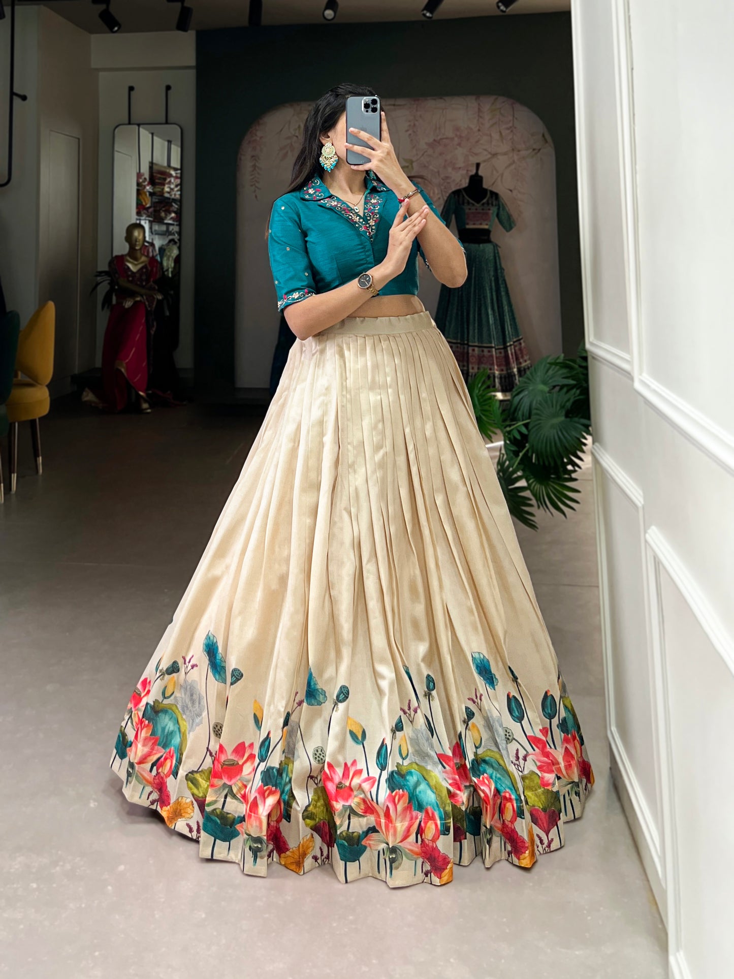 Tussar Silk Co-ord Set, Floral Lehenga Choli, Mirror Work Blouse, Stitched Lehenga Set, Co-ord Lehenga for Wedding, South Indian Fashion, Ready to Wear Lehenga, Banglory Blouse Set, Floral Print Lehenga, 3.4 Meter Flair Lehenga, Canvas Lined Lehenga, Trending Lehenga Collection, Ethnic Coord Set