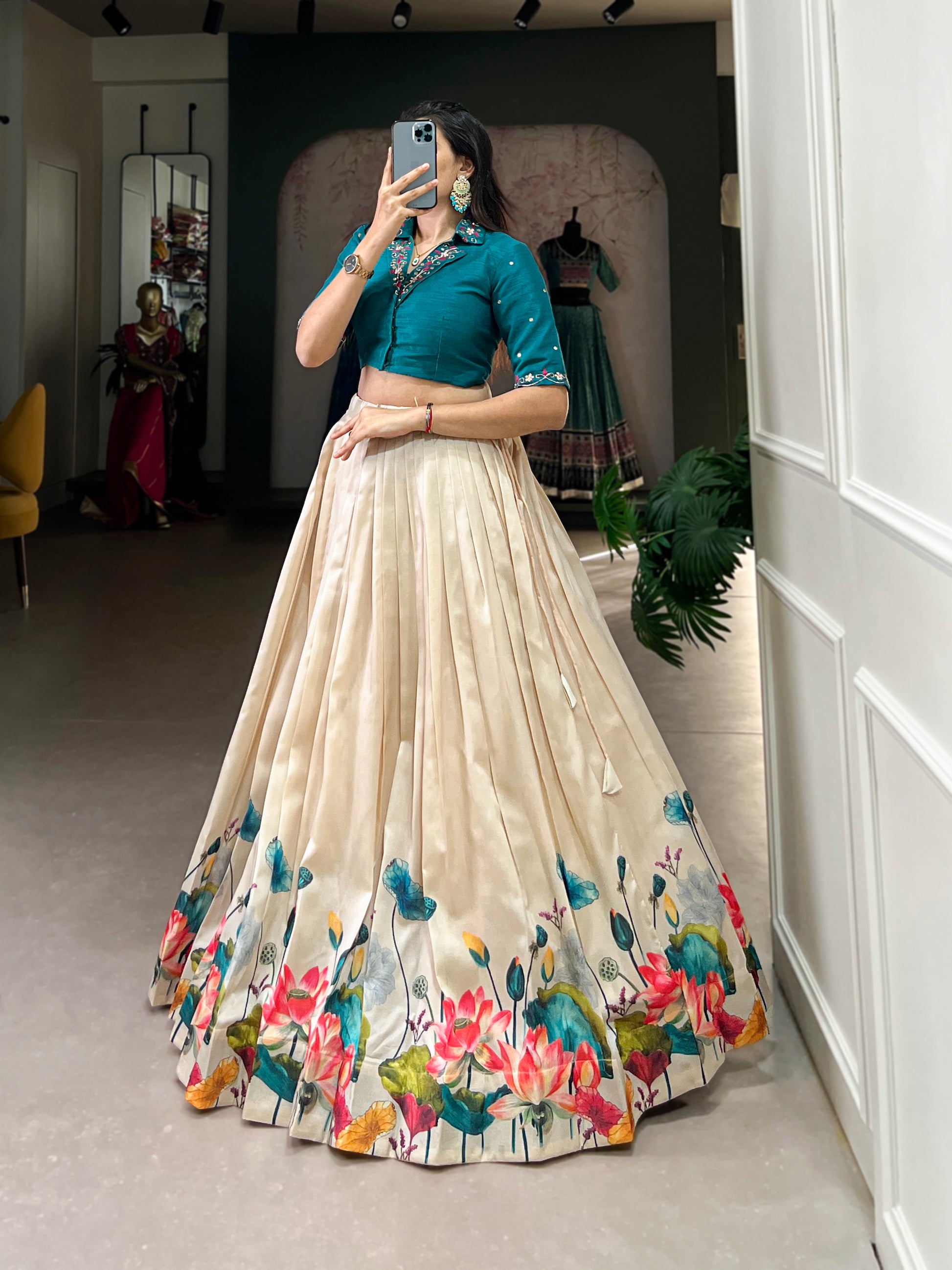 Tussar Silk Co-ord Set, Floral Lehenga Choli, Mirror Work Blouse, Stitched Lehenga Set, Co-ord Lehenga for Wedding, South Indian Fashion, Ready to Wear Lehenga, Banglory Blouse Set, Floral Print Lehenga, 3.4 Meter Flair Lehenga, Canvas Lined Lehenga, Trending Lehenga Collection, Ethnic Coord Set