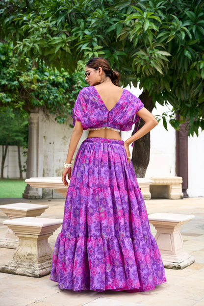 Chiffon Co-ord Set, Floral Lehenga Set, Pearl Work Blouse, Chiffon Lehenga Choli, 9 Meter Flair Lehenga, Canvas Lined Lehenga, Lightweight Co-ord Set, Ready to Wear Lehenga, Ethnic Floral Co-ord Set, Printed Chiffon Lehenga, Stitched Blouse Lehenga, Trending Lehenga Collection, Summer Festive Wear