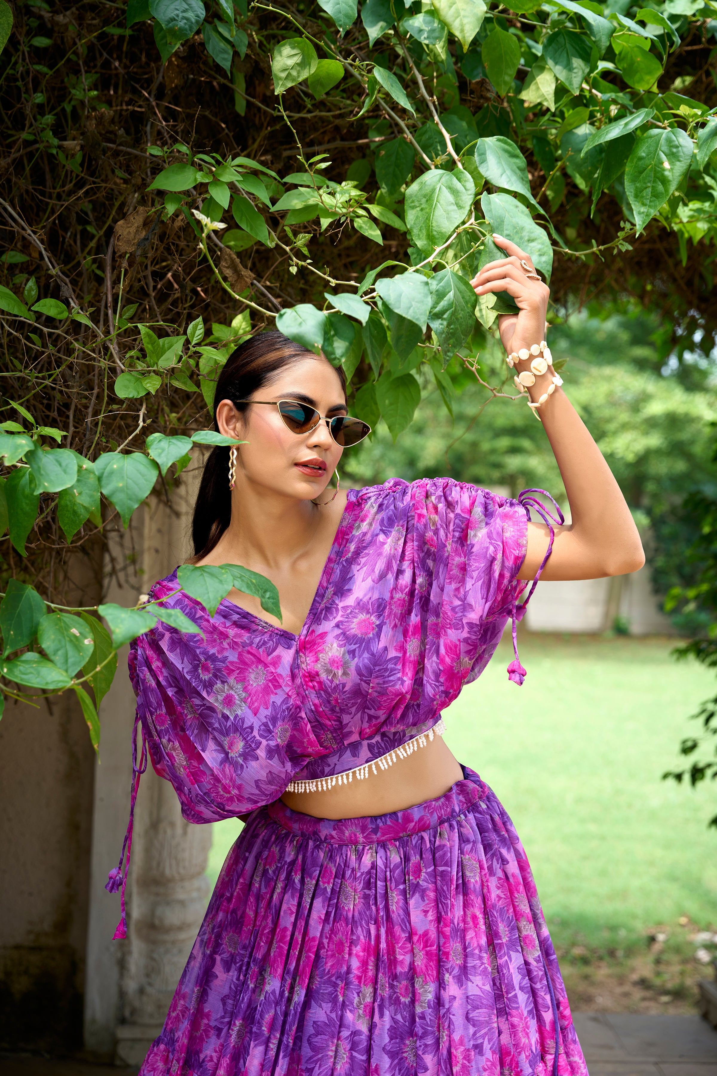 Chiffon Co-ord Set, Floral Lehenga Set, Pearl Work Blouse, Chiffon Lehenga Choli, 9 Meter Flair Lehenga, Canvas Lined Lehenga, Lightweight Co-ord Set, Ready to Wear Lehenga, Ethnic Floral Co-ord Set, Printed Chiffon Lehenga, Stitched Blouse Lehenga, Trending Lehenga Collection, Summer Festive Wear