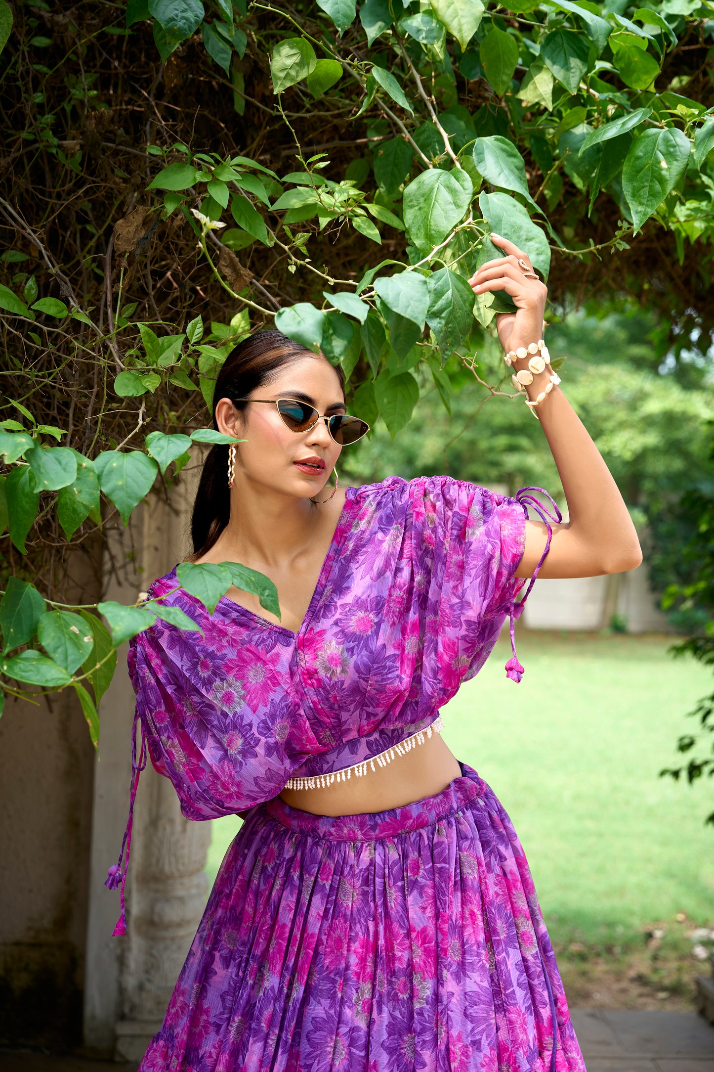 Chiffon Co-ord Set, Floral Lehenga Set, Pearl Work Blouse, Chiffon Lehenga Choli, 9 Meter Flair Lehenga, Canvas Lined Lehenga, Lightweight Co-ord Set, Ready to Wear Lehenga, Ethnic Floral Co-ord Set, Printed Chiffon Lehenga, Stitched Blouse Lehenga, Trending Lehenga Collection, Summer Festive Wear