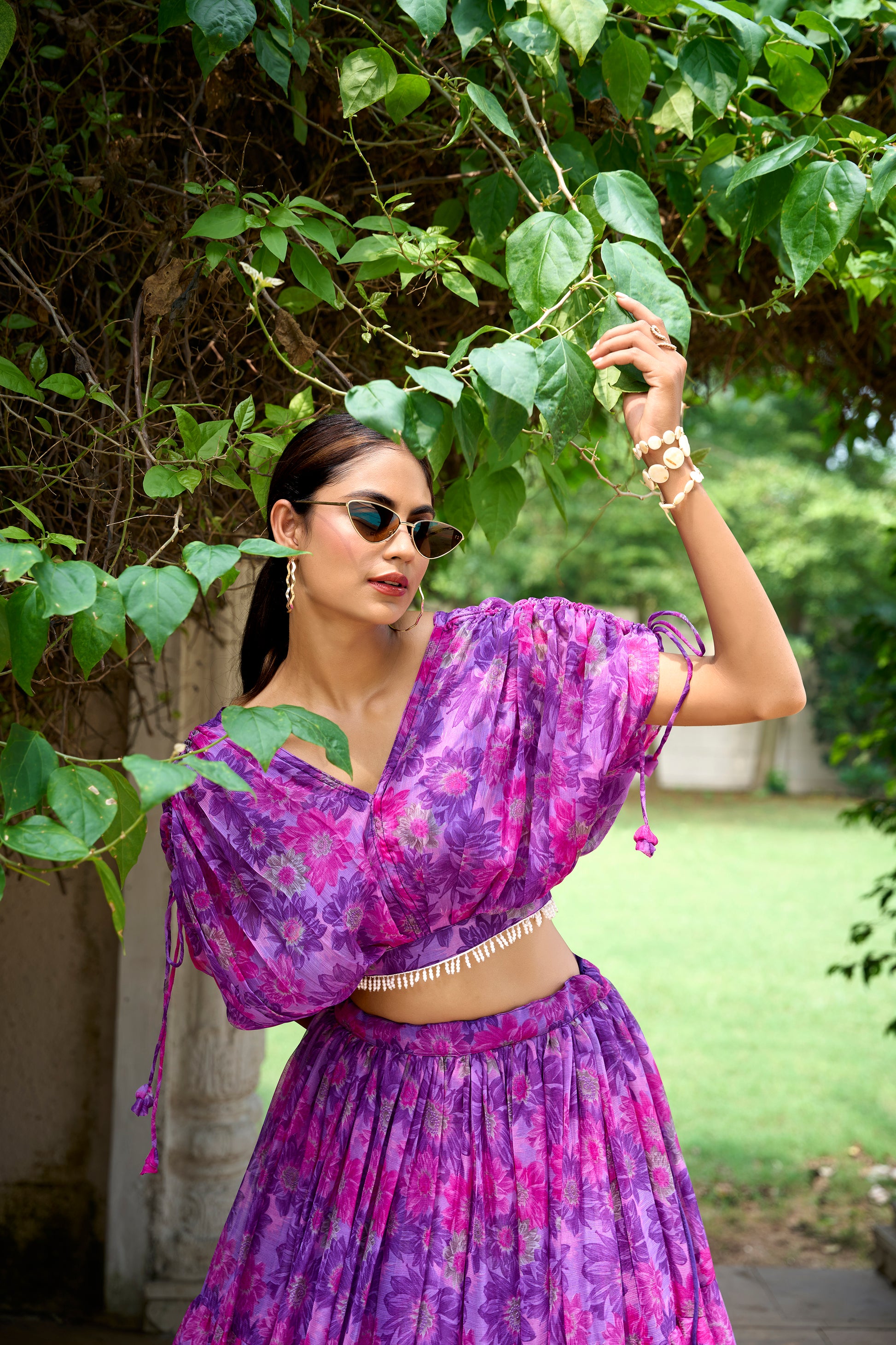 Chiffon Co-ord Set, Floral Lehenga Set, Pearl Work Blouse, Chiffon Lehenga Choli, 9 Meter Flair Lehenga, Canvas Lined Lehenga, Lightweight Co-ord Set, Ready to Wear Lehenga, Ethnic Floral Co-ord Set, Printed Chiffon Lehenga, Stitched Blouse Lehenga, Trending Lehenga Collection, Summer Festive Wear