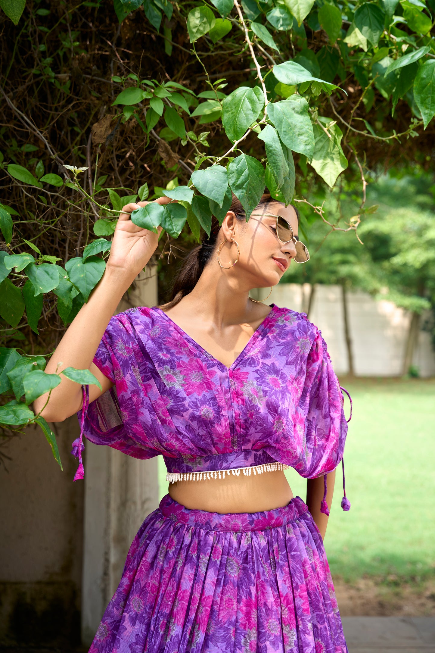 Chiffon Co-ord Set, Floral Lehenga Set, Pearl Work Blouse, Chiffon Lehenga Choli, 9 Meter Flair Lehenga, Canvas Lined Lehenga, Lightweight Co-ord Set, Ready to Wear Lehenga, Ethnic Floral Co-ord Set, Printed Chiffon Lehenga, Stitched Blouse Lehenga, Trending Lehenga Collection, Summer Festive Wear