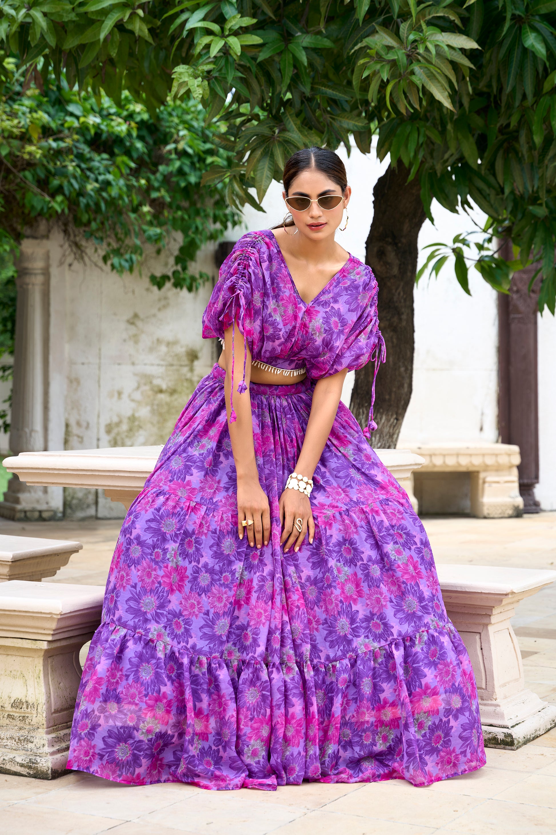 Chiffon Co-ord Set, Floral Lehenga Set, Pearl Work Blouse, Chiffon Lehenga Choli, 9 Meter Flair Lehenga, Canvas Lined Lehenga, Lightweight Co-ord Set, Ready to Wear Lehenga, Ethnic Floral Co-ord Set, Printed Chiffon Lehenga, Stitched Blouse Lehenga, Trending Lehenga Collection, Summer Festive Wear