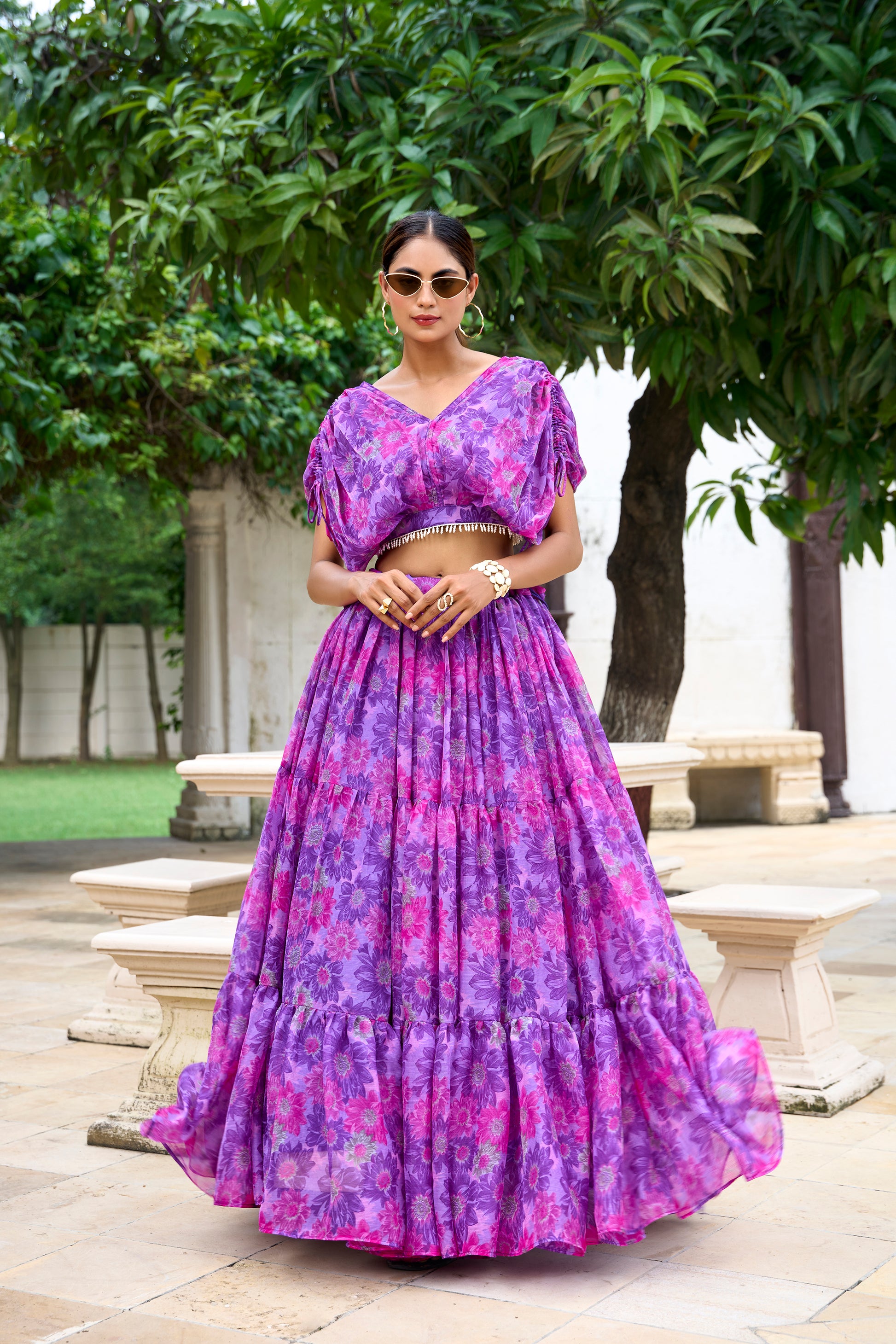 Chiffon Co-ord Set, Floral Lehenga Set, Pearl Work Blouse, Chiffon Lehenga Choli, 9 Meter Flair Lehenga, Canvas Lined Lehenga, Lightweight Co-ord Set, Ready to Wear Lehenga, Ethnic Floral Co-ord Set, Printed Chiffon Lehenga, Stitched Blouse Lehenga, Trending Lehenga Collection, Summer Festive Wear