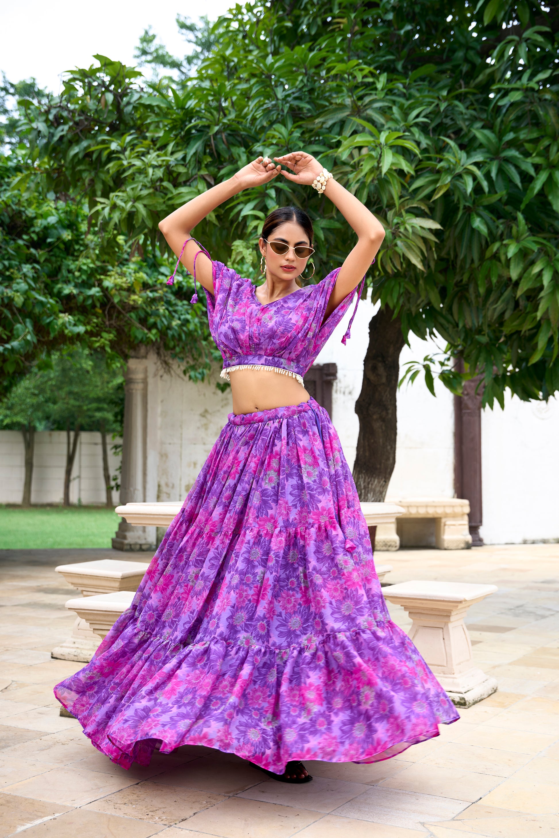 Chiffon Co-ord Set, Floral Lehenga Set, Pearl Work Blouse, Chiffon Lehenga Choli, 9 Meter Flair Lehenga, Canvas Lined Lehenga, Lightweight Co-ord Set, Ready to Wear Lehenga, Ethnic Floral Co-ord Set, Printed Chiffon Lehenga, Stitched Blouse Lehenga, Trending Lehenga Collection, Summer Festive Wear