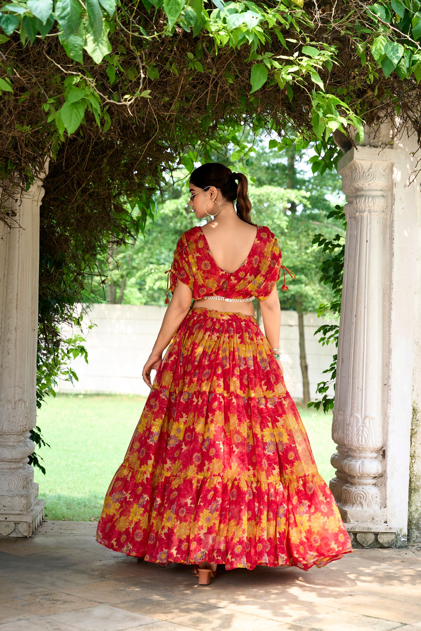 Chiffon Co-ord Set, Floral Lehenga Set, Pearl Work Blouse, Chiffon Lehenga Choli, 9 Meter Flair Lehenga, Canvas Lined Lehenga, Lightweight Co-ord Set, Ready to Wear Lehenga, Ethnic Floral Co-ord Set, Printed Chiffon Lehenga, Stitched Blouse Lehenga, Trending Lehenga Collection, Summer Festive Wear