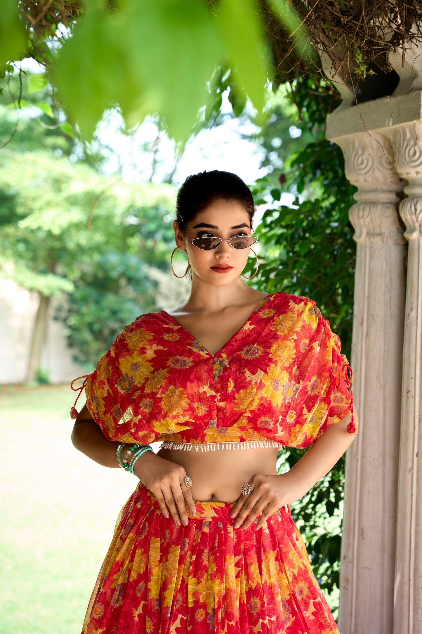 Chiffon Co-ord Set, Floral Lehenga Set, Pearl Work Blouse, Chiffon Lehenga Choli, 9 Meter Flair Lehenga, Canvas Lined Lehenga, Lightweight Co-ord Set, Ready to Wear Lehenga, Ethnic Floral Co-ord Set, Printed Chiffon Lehenga, Stitched Blouse Lehenga, Trending Lehenga Collection, Summer Festive Wear