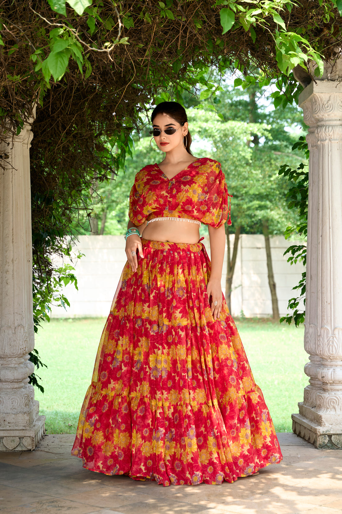 Chiffon Co-ord Set, Floral Lehenga Set, Pearl Work Blouse, Chiffon Lehenga Choli, 9 Meter Flair Lehenga, Canvas Lined Lehenga, Lightweight Co-ord Set, Ready to Wear Lehenga, Ethnic Floral Co-ord Set, Printed Chiffon Lehenga, Stitched Blouse Lehenga, Trending Lehenga Collection, Summer Festive Wear