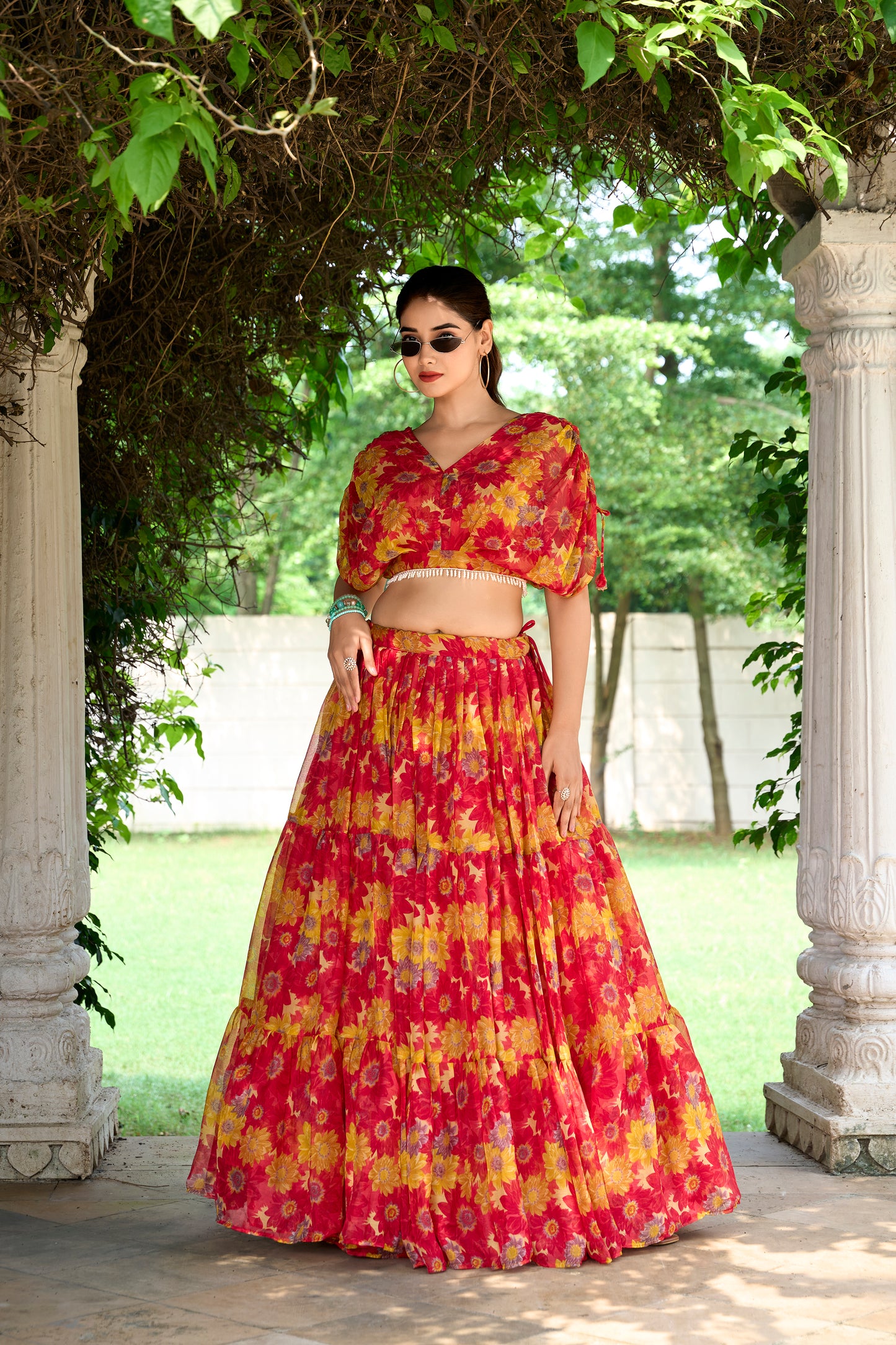 Chiffon Co-ord Set, Floral Lehenga Set, Pearl Work Blouse, Chiffon Lehenga Choli, 9 Meter Flair Lehenga, Canvas Lined Lehenga, Lightweight Co-ord Set, Ready to Wear Lehenga, Ethnic Floral Co-ord Set, Printed Chiffon Lehenga, Stitched Blouse Lehenga, Trending Lehenga Collection, Summer Festive Wear