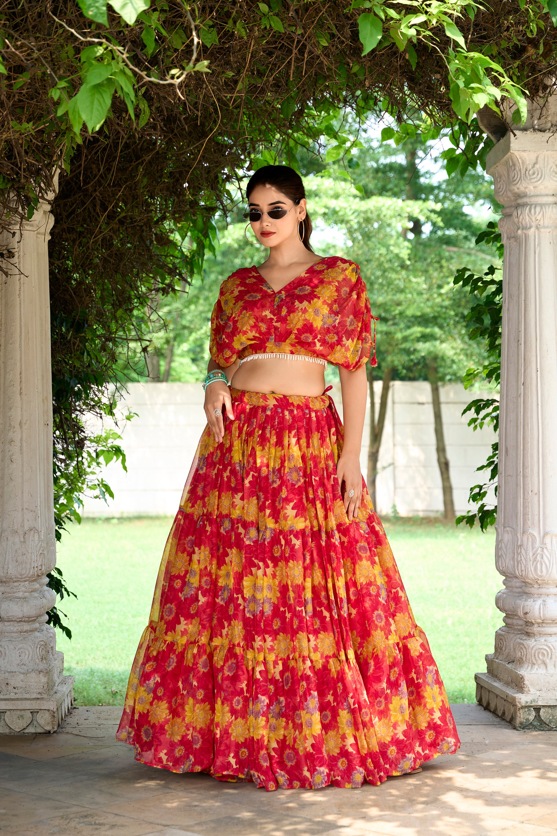 Chiffon Co-ord Set, Floral Lehenga Set, Pearl Work Blouse, Chiffon Lehenga Choli, 9 Meter Flair Lehenga, Canvas Lined Lehenga, Lightweight Co-ord Set, Ready to Wear Lehenga, Ethnic Floral Co-ord Set, Printed Chiffon Lehenga, Stitched Blouse Lehenga, Trending Lehenga Collection, Summer Festive Wear