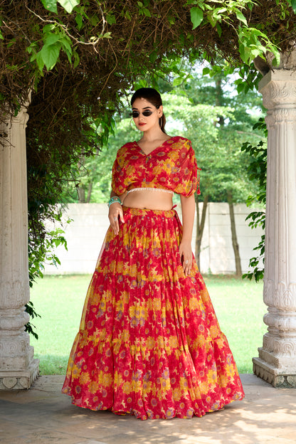 Chiffon Co-ord Set, Floral Lehenga Set, Pearl Work Blouse, Chiffon Lehenga Choli, 9 Meter Flair Lehenga, Canvas Lined Lehenga, Lightweight Co-ord Set, Ready to Wear Lehenga, Ethnic Floral Co-ord Set, Printed Chiffon Lehenga, Stitched Blouse Lehenga, Trending Lehenga Collection, Summer Festive Wear