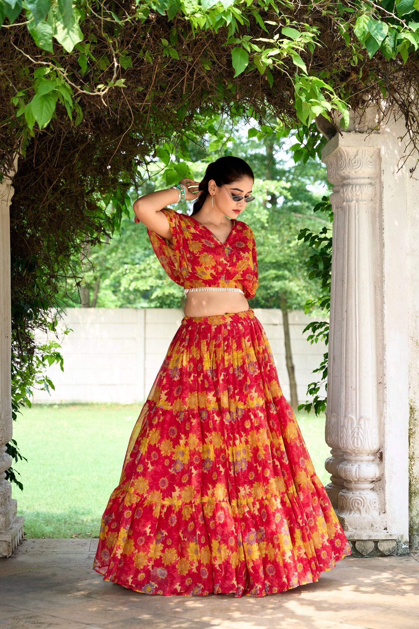 Chiffon Co-ord Set, Floral Lehenga Set, Pearl Work Blouse, Chiffon Lehenga Choli, 9 Meter Flair Lehenga, Canvas Lined Lehenga, Lightweight Co-ord Set, Ready to Wear Lehenga, Ethnic Floral Co-ord Set, Printed Chiffon Lehenga, Stitched Blouse Lehenga, Trending Lehenga Collection, Summer Festive Wear