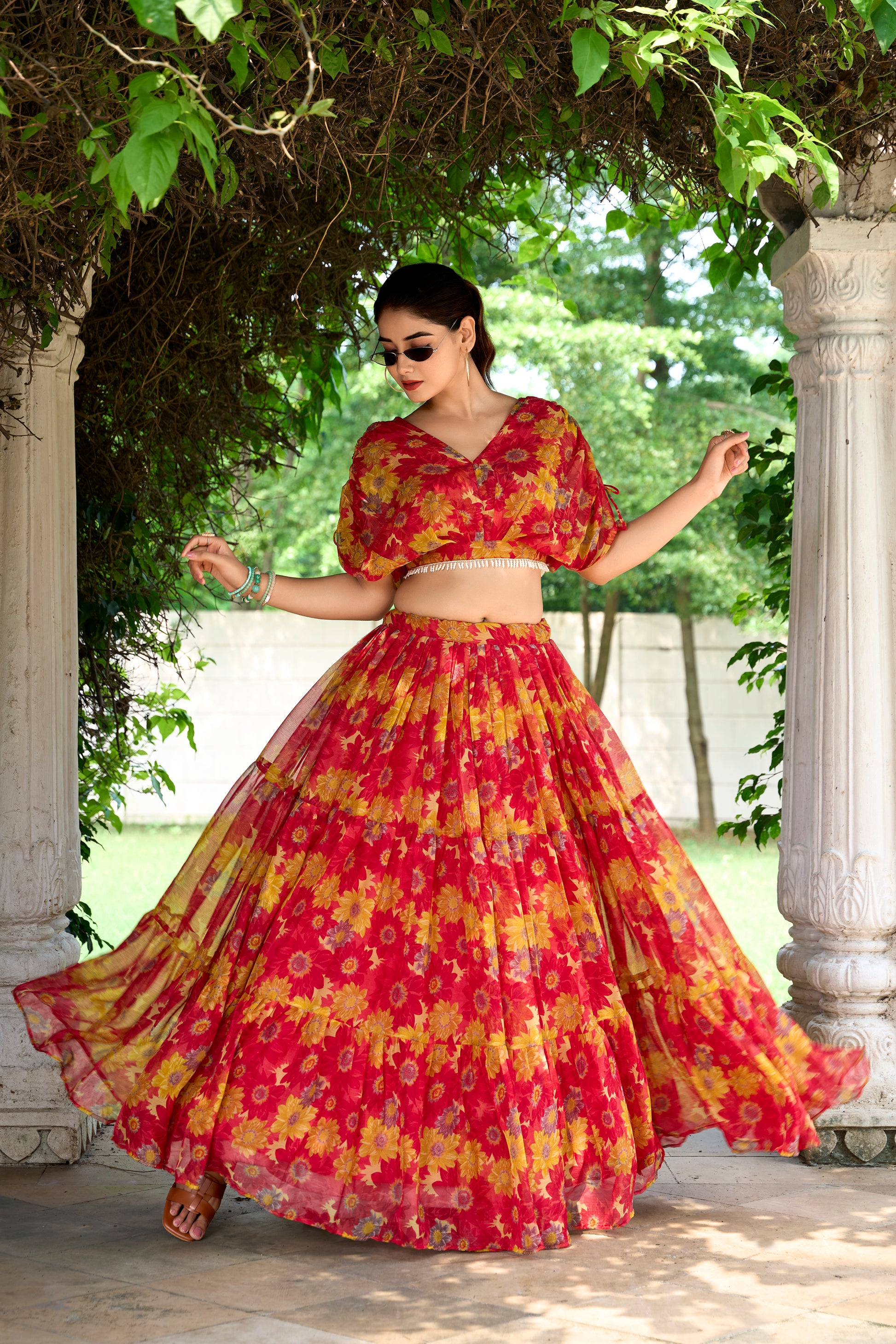 Chiffon Co-ord Set, Floral Lehenga Set, Pearl Work Blouse, Chiffon Lehenga Choli, 9 Meter Flair Lehenga, Canvas Lined Lehenga, Lightweight Co-ord Set, Ready to Wear Lehenga, Ethnic Floral Co-ord Set, Printed Chiffon Lehenga, Stitched Blouse Lehenga, Trending Lehenga Collection, Summer Festive Wear