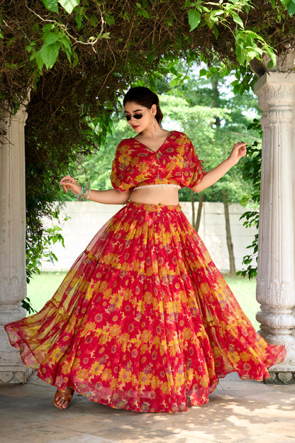 Chiffon Co-ord Set, Floral Lehenga Set, Pearl Work Blouse, Chiffon Lehenga Choli, 9 Meter Flair Lehenga, Canvas Lined Lehenga, Lightweight Co-ord Set, Ready to Wear Lehenga, Ethnic Floral Co-ord Set, Printed Chiffon Lehenga, Stitched Blouse Lehenga, Trending Lehenga Collection, Summer Festive Wear