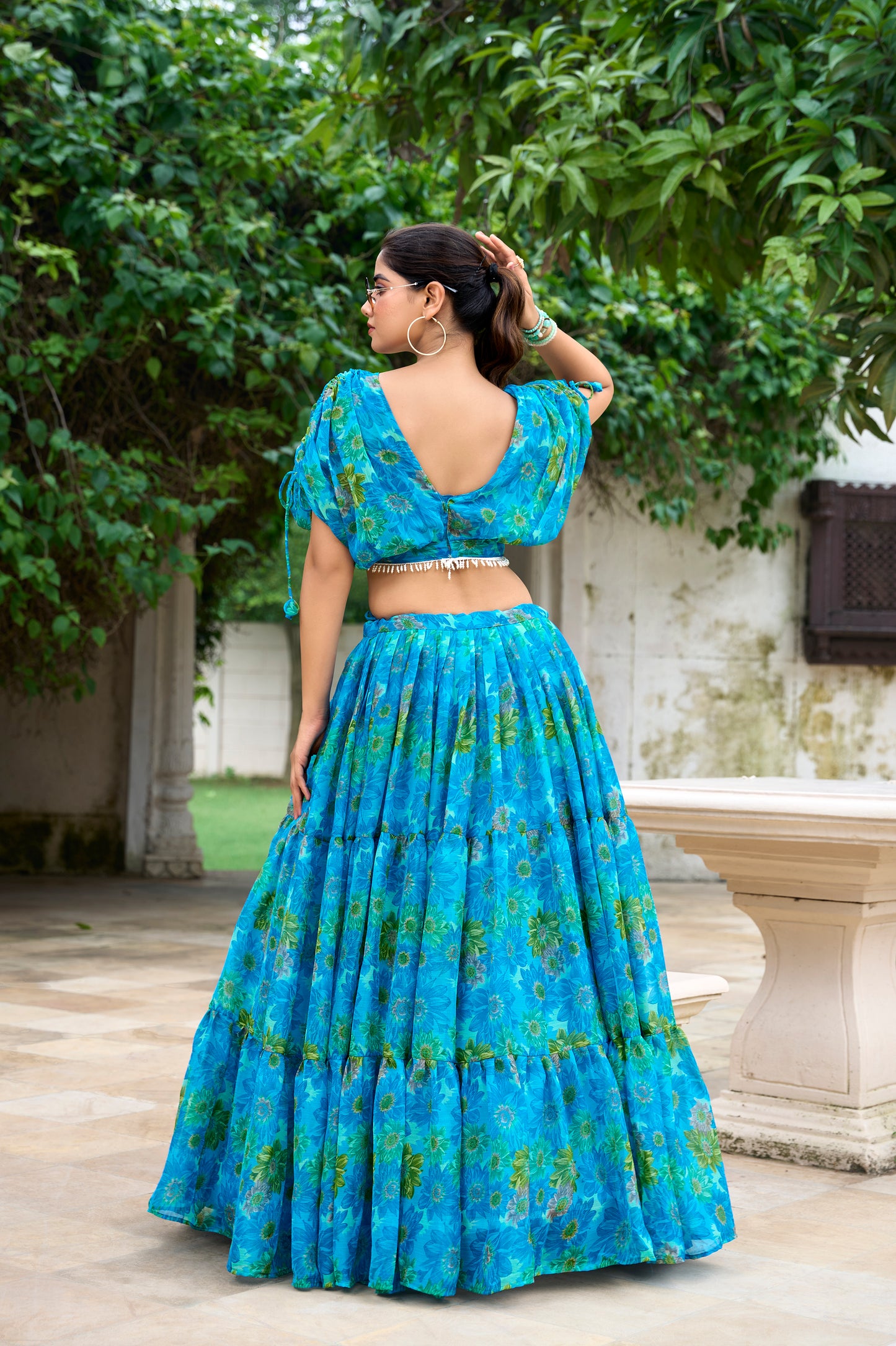 Chiffon Co-ord Set, Floral Lehenga Set, Pearl Work Blouse, Chiffon Lehenga Choli, 9 Meter Flair Lehenga, Canvas Lined Lehenga, Lightweight Co-ord Set, Ready to Wear Lehenga, Ethnic Floral Co-ord Set, Printed Chiffon Lehenga, Stitched Blouse Lehenga, Trending Lehenga Collection, Summer Festive Wear