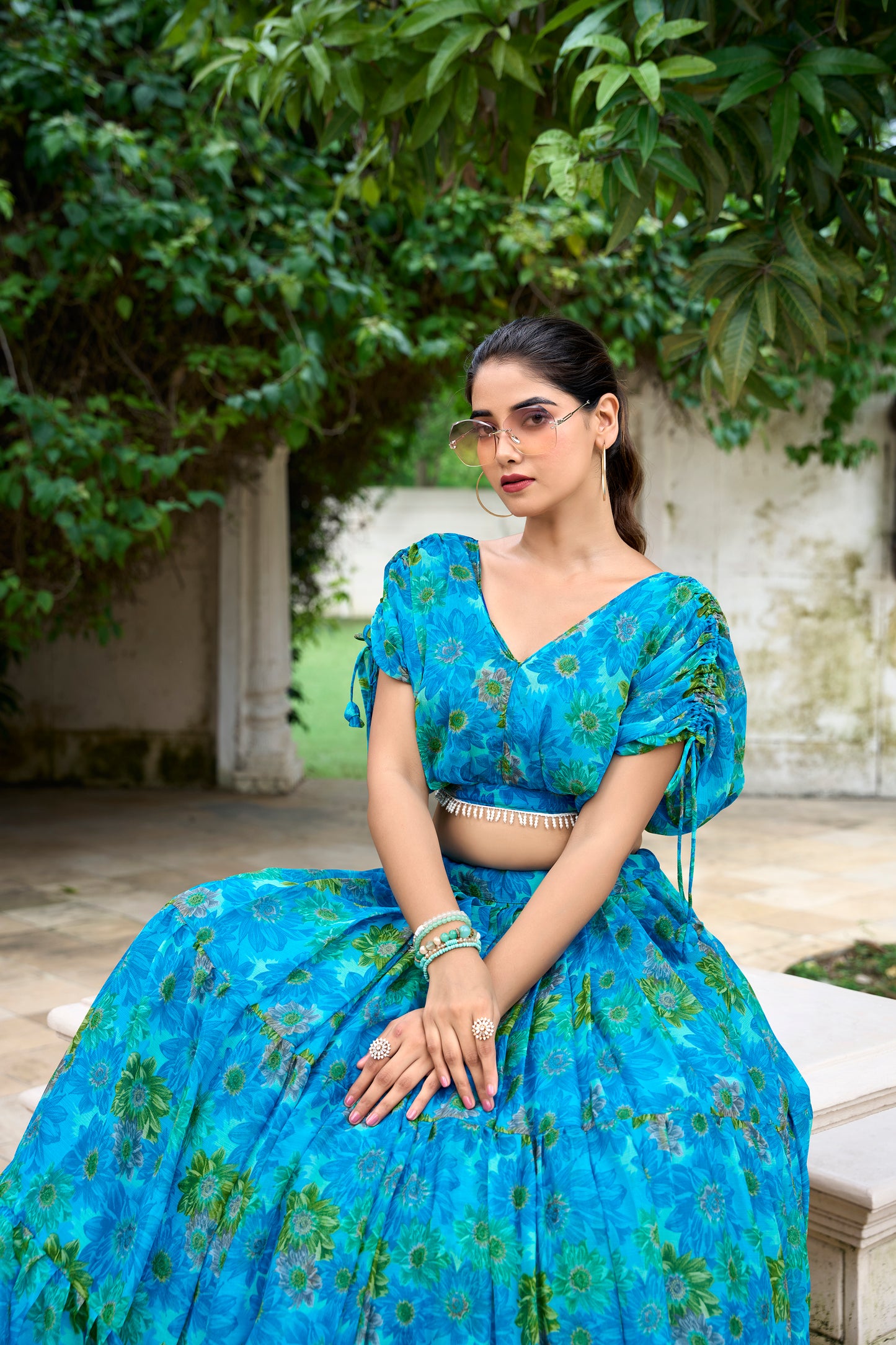 Chiffon Co-ord Set, Floral Lehenga Set, Pearl Work Blouse, Chiffon Lehenga Choli, 9 Meter Flair Lehenga, Canvas Lined Lehenga, Lightweight Co-ord Set, Ready to Wear Lehenga, Ethnic Floral Co-ord Set, Printed Chiffon Lehenga, Stitched Blouse Lehenga, Trending Lehenga Collection, Summer Festive Wear
