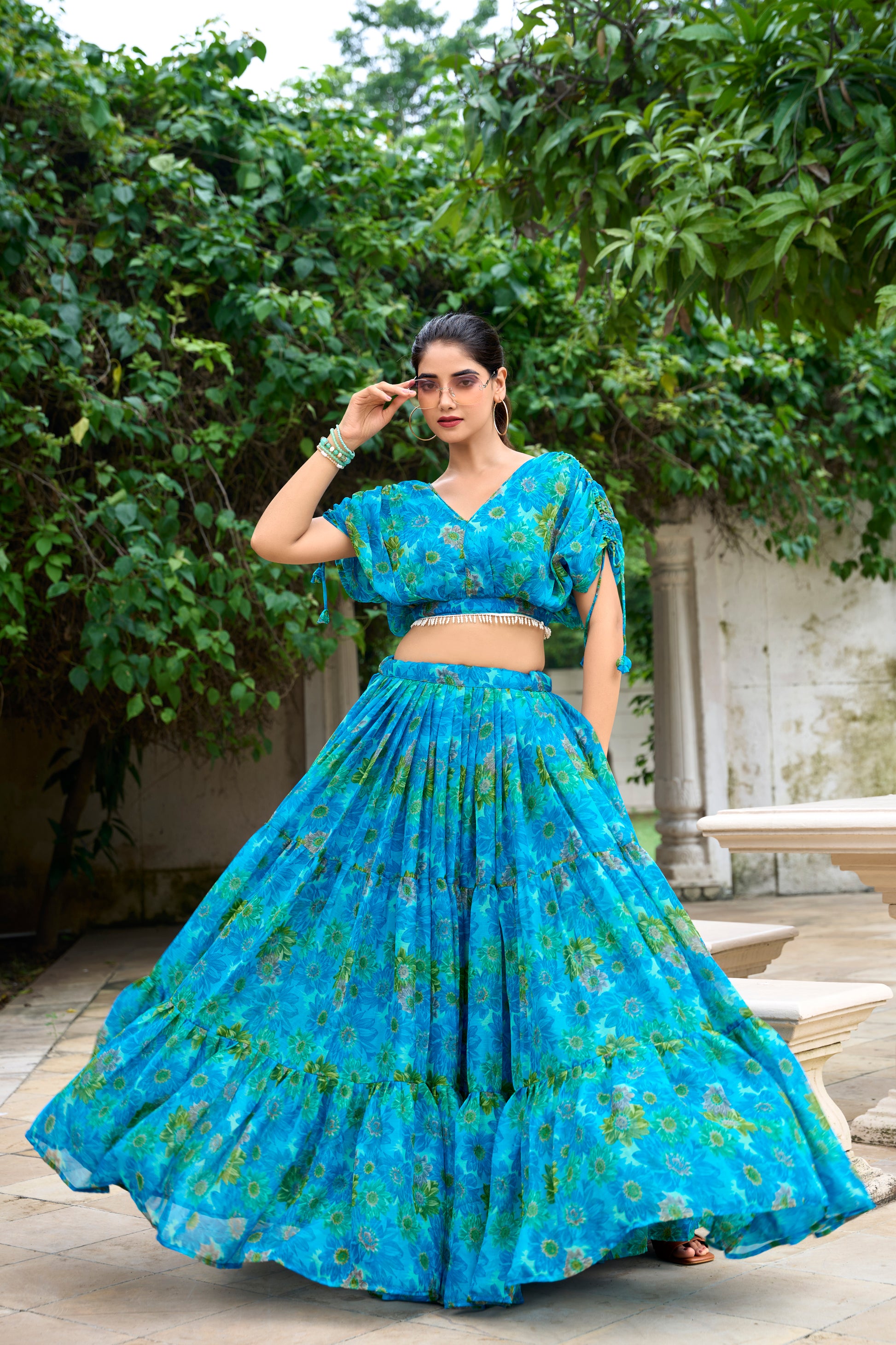 Chiffon Co-ord Set, Floral Lehenga Set, Pearl Work Blouse, Chiffon Lehenga Choli, 9 Meter Flair Lehenga, Canvas Lined Lehenga, Lightweight Co-ord Set, Ready to Wear Lehenga, Ethnic Floral Co-ord Set, Printed Chiffon Lehenga, Stitched Blouse Lehenga, Trending Lehenga Collection, Summer Festive Wear